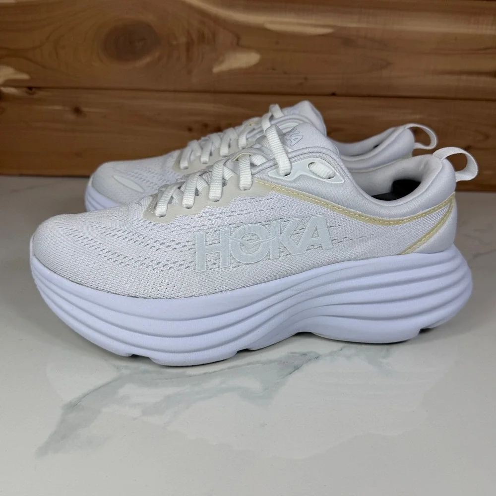 Hoka One One White Athletic Running Shoes with Subtle Gold Trim